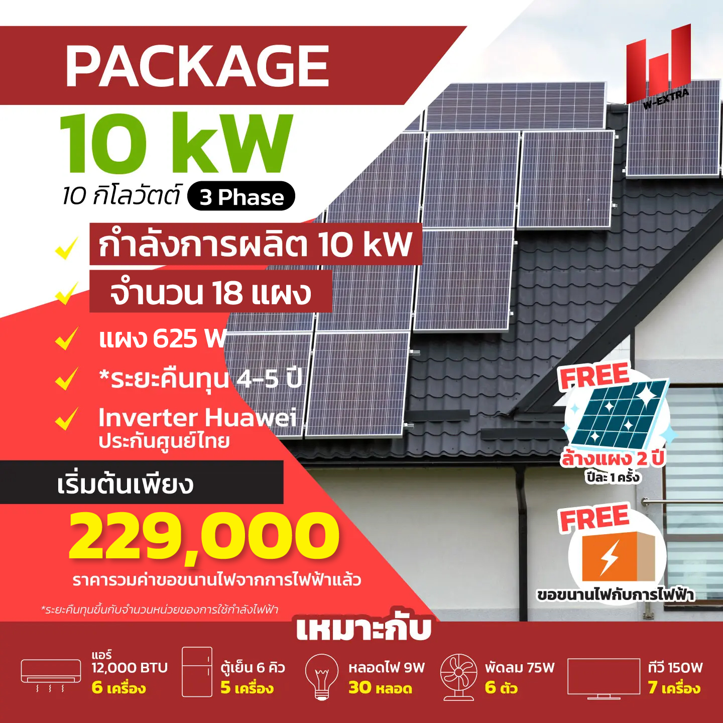 W EXTRA รับติดตั้งโซล่าเซลล์ 10kW+3 0