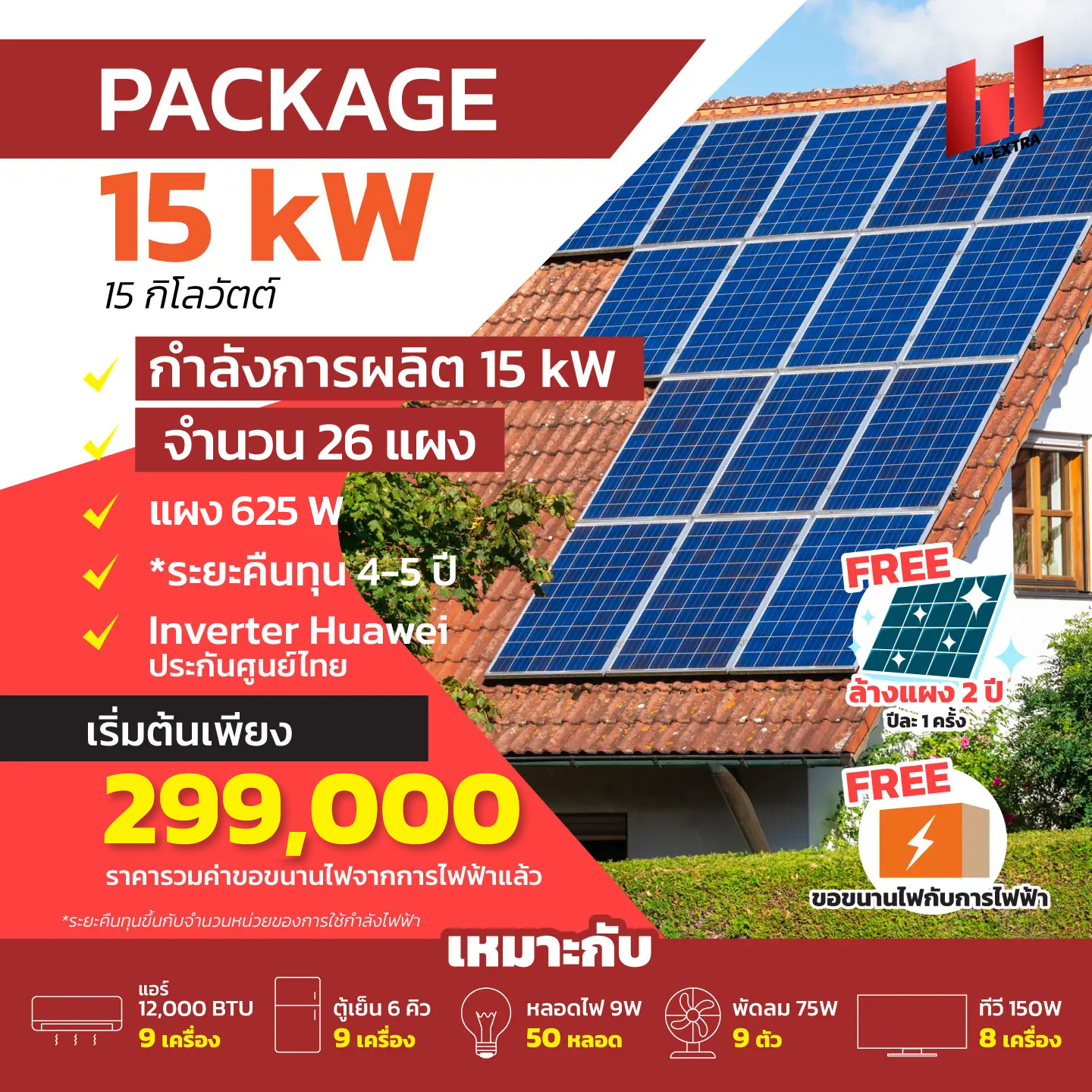 W EXTRA รับติดตั้งโซล่าเซลล์ 15kW 0