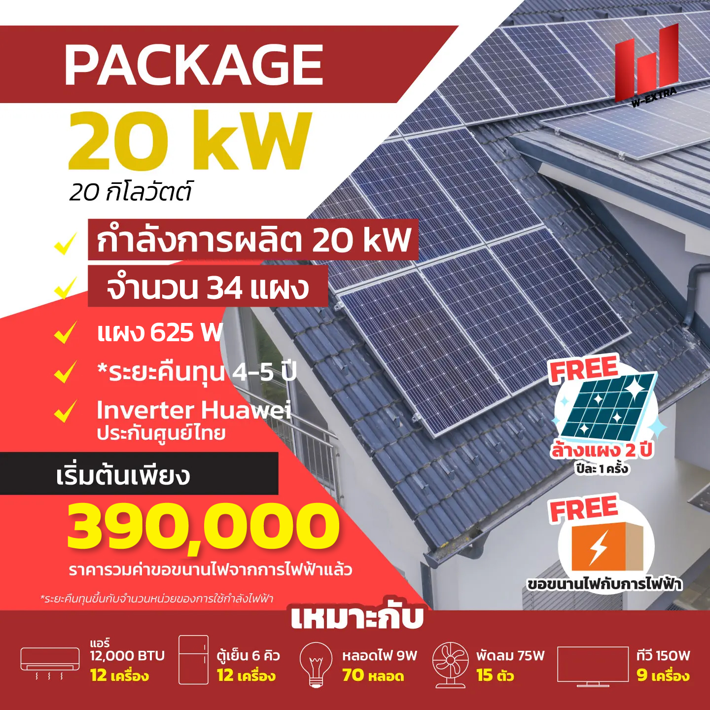 W EXTRA รับติดตั้งโซล่าเซลล์ 20kW 0