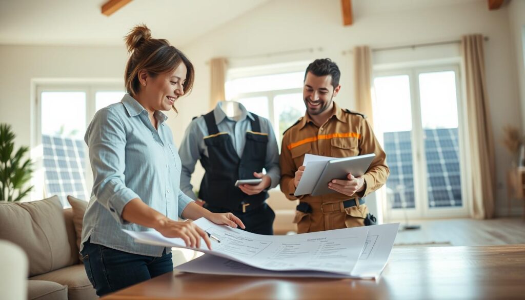 A homeowner and a technician from a solar installation company are reviewing blueprints and a list of solar panel equipment in a bright, modern living room. In the foreground, the homeowner, dressed in smart casual attire, holds a pen and appears engaged while pointing at the blueprints spread over a coffee table. The technician, wearing a professional uniform, smiles and takes notes on a tablet, showcasing a friendly interaction. In the middle ground, a large window lets in natural light, illuminating the space and creating a warm atmosphere. In the background, partially visible solar panels can be seen through the window, hinting at the installation taking place outside. Soft, inviting colors enhance the professional yet approachable mood of the scene.
