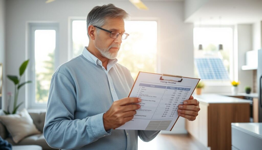 A homeowner stands in a bright, modern living room, thoughtfully comparing a clipboard of financial calculations on energy savings from solar panels versus traditional electricity bills. The foreground features the homeowner, a middle-aged person dressed in smart casual attire, with a focus on their facial expression of contemplation. In the middle ground, a large window lets in natural sunlight that highlights the vibrant greenery outside and reflects the home's solar panels on the roof. The background showcases a sleek, contemporary kitchen, emphasizing a harmonious, eco-friendly home environment. The scene is well-lit with soft, warm lighting that creates an uplifting and hopeful atmosphere, conveying the benefits of investing in solar energy. The angle is slightly elevated, offering a comprehensive view of the room and the outdoor connection. A homeowner stands in a bright, modern living room, thoughtfully comparing a clipboard of financial calculations on energy savings from solar panels versus traditional electricity bills. The foreground features the homeowner, a middle-aged person dressed in smart casual attire, with a focus on their facial expression of contemplation. In the middle ground, a large window lets in natural sunlight that highlights the vibrant greenery outside and reflects the home's solar panels on the roof. The background showcases a sleek, contemporary kitchen, emphasizing a harmonious, eco-friendly home environment. The scene is well-lit with soft, warm lighting that creates an uplifting and hopeful atmosphere, conveying the benefits of investing in solar energy. The angle is slightly elevated, offering a comprehensive view of the room and the outdoor connection.