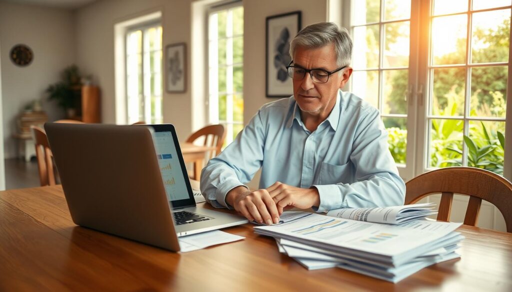 A middle-aged homeowner in professional attire is attentively comparing solar panel quotes laid out on a wooden dining table. In the foreground, there's an open laptop displaying solar installation options. The homeowner's expression shows focused determination, while a stack of paperwork with charts and figures is nearby. The middle ground features a bright, airy room with large windows allowing natural sunlight to filter in, creating a warm and inviting atmosphere. In the background, a green garden can be seen through the windows, symbolizing sustainability. The lighting is soft and warm, capturing a productive yet relaxed mood. The scene is framed from a slightly elevated angle to emphasize the homeowner's engagement with the task. A middle-aged homeowner in professional attire is attentively comparing solar panel quotes laid out on a wooden dining table. In the foreground, there's an open laptop displaying solar installation options. The homeowner's expression shows focused determination, while a stack of paperwork with charts and figures is nearby. The middle ground features a bright, airy room with large windows allowing natural sunlight to filter in, creating a warm and inviting atmosphere. In the background, a green garden can be seen through the windows, symbolizing sustainability. The lighting is soft and warm, capturing a productive yet relaxed mood. The scene is framed from a slightly elevated angle to emphasize the homeowner's engagement with the task.