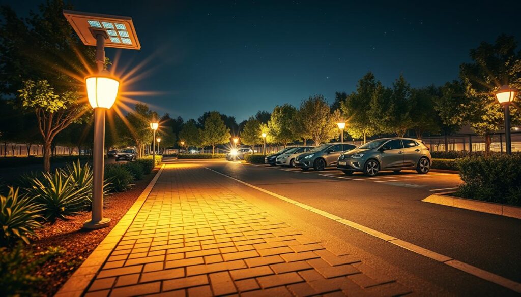 A nighttime scene illuminated by high-lumen solar-powered lamps casting bright light on a well-maintained walkway and parking area. In the foreground, the warm golden glow of the lamp highlights the path made of sleek cobblestones, leading into a tidy parking lot where modern electric vehicles are parked. In the middle ground, visually interesting shadows and light interplay emphasize the contours of the surrounding green landscaping, creating a sense of tranquility. The background features soft-focus trees and a clear starry sky above, enhancing the serene atmosphere. The image should be captured from a low angle to emphasize the light source, with a gentle lens flare effect adding warmth and depth to the scene, evoking a sense of safety and modernity. A nighttime scene illuminated by high-lumen solar-powered lamps casting bright light on a well-maintained walkway and parking area. In the foreground, the warm golden glow of the lamp highlights the path made of sleek cobblestones, leading into a tidy parking lot where modern electric vehicles are parked. In the middle ground, visually interesting shadows and light interplay emphasize the contours of the surrounding green landscaping, creating a sense of tranquility. The background features soft-focus trees and a clear starry sky above, enhancing the serene atmosphere. The image should be captured from a low angle to emphasize the light source, with a gentle lens flare effect adding warmth and depth to the scene, evoking a sense of safety and modernity.