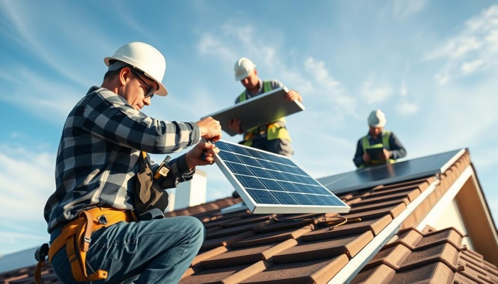 A skilled team of technicians meticulously installing solar panels on a residential roof, showcasing their expertise in laying out electrical wiring according to approved plans. In the foreground, a technician in a safety helmet and professional attire is carefully securing a solar panel with tools in hand. The middle ground features another team member checking the wiring configuration, ensuring everything is up to code. The background displays a clear blue sky with wispy clouds, emphasizing a bright and productive day. Soft natural lighting bathes the scene, casting gentle shadows. The atmosphere is focused and industrious, capturing the essence of teamwork and professionalism in solar energy installation.