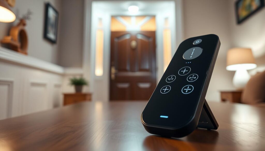 A sleek, modern remote control designed for changing the mode of a motion sensor LED light at a door entrance. The remote has a glossy black finish with illuminated buttons, displaying symbols for different light modes. In the foreground, the remote is prominently placed on a stylish wooden table, with a subtle reflection on its surface. The background features a well-lit, inviting doorway showcasing the LED motion sensor light in action, casting a warm glow that highlights the texture of the door. Soft ambient lighting creates a cozy atmosphere, and the camera angle is slightly overhead, focusing on the remote and its functionality. The overall mood is one of innovation and practicality, emphasizing modern home technology. A sleek, modern remote control designed for changing the mode of a motion sensor LED light at a door entrance. The remote has a glossy black finish with illuminated buttons, displaying symbols for different light modes. In the foreground, the remote is prominently placed on a stylish wooden table, with a subtle reflection on its surface. The background features a well-lit, inviting doorway showcasing the LED motion sensor light in action, casting a warm glow that highlights the texture of the door. Soft ambient lighting creates a cozy atmosphere, and the camera angle is slightly overhead, focusing on the remote and its functionality. The overall mood is one of innovation and practicality, emphasizing modern home technology.